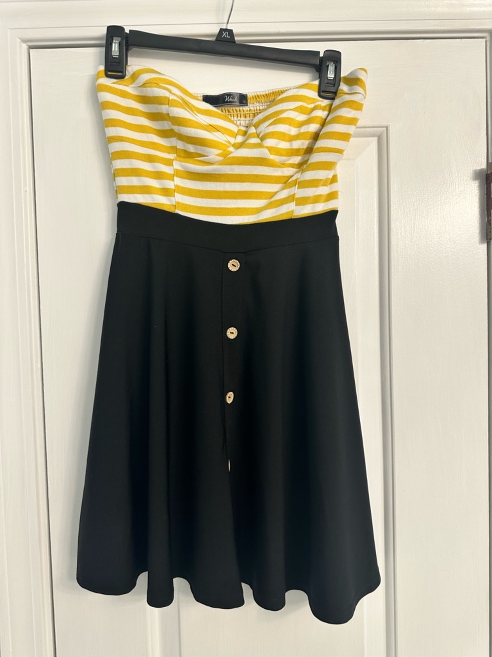 Strapless Fit Flare Dress Black Skirt Yellow Stripe Top Mini Size S - Picture 6 of 7